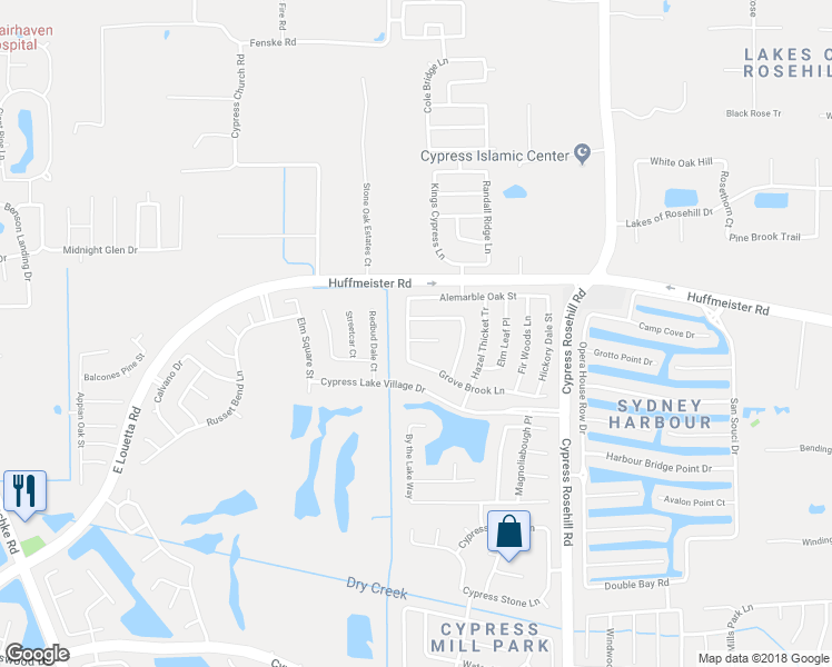map of restaurants, bars, coffee shops, grocery stores, and more near 18558 Carousel Creek Court in Cypress