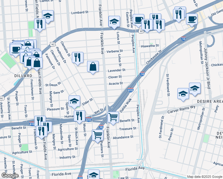 map of restaurants, bars, coffee shops, grocery stores, and more near 3613 Franklin Avenue in New Orleans