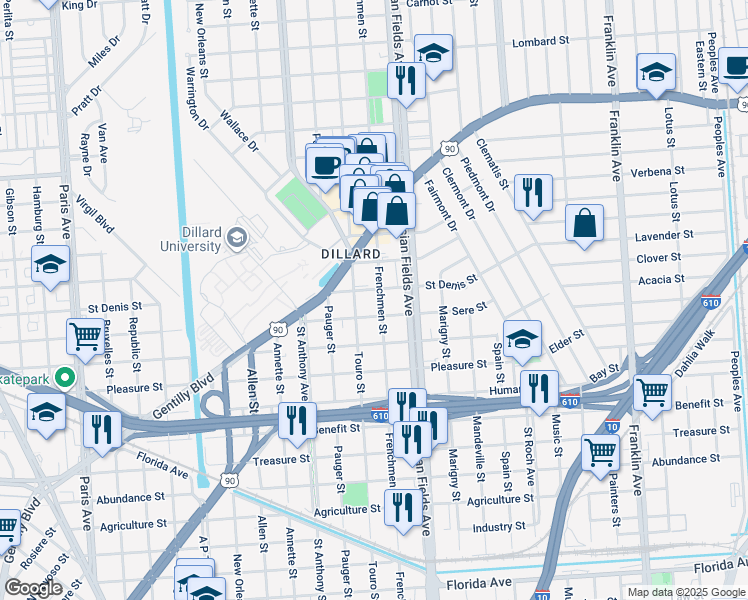 map of restaurants, bars, coffee shops, grocery stores, and more near 3635 Frenchmen Street in New Orleans