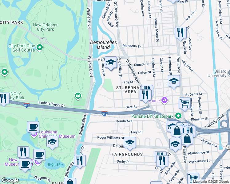 map of restaurants, bars, coffee shops, grocery stores, and more near 1212 Milton Street in New Orleans