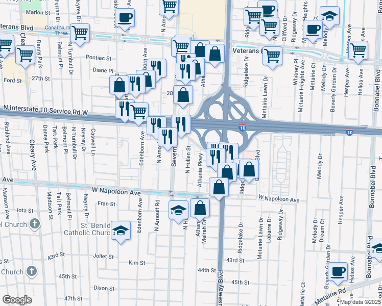 map of restaurants, bars, coffee shops, grocery stores, and more near 2324 North Hullen Street in Metairie