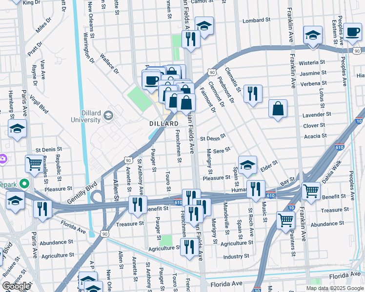 map of restaurants, bars, coffee shops, grocery stores, and more near 3635 Frenchmen Street in New Orleans