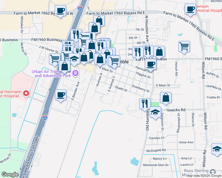 map of restaurants, bars, coffee shops, grocery stores, and more near 304 South Avenue C in Humble