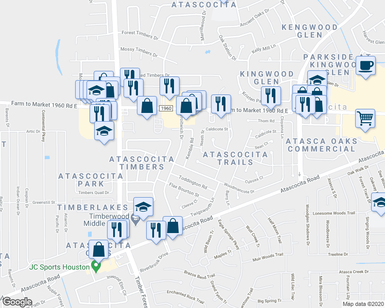 map of restaurants, bars, coffee shops, grocery stores, and more near 18926 Kemble Road in Humble