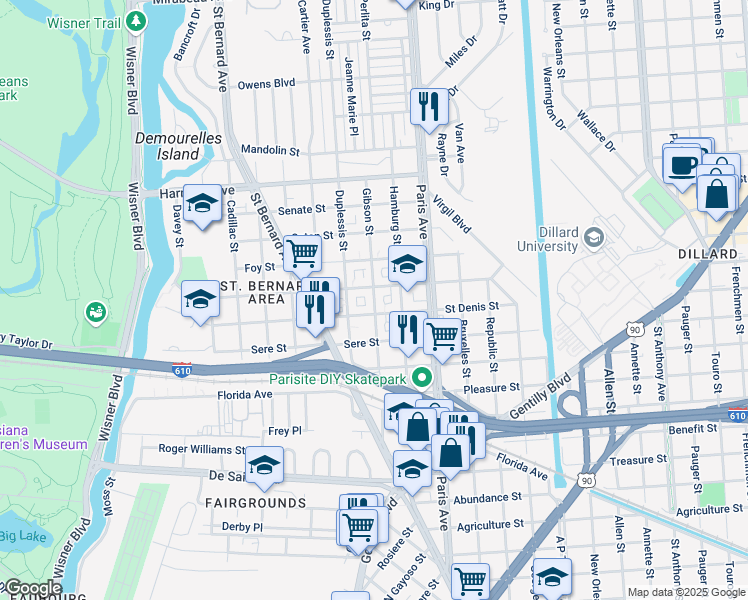 map of restaurants, bars, coffee shops, grocery stores, and more near 3736 Gibson Street in New Orleans