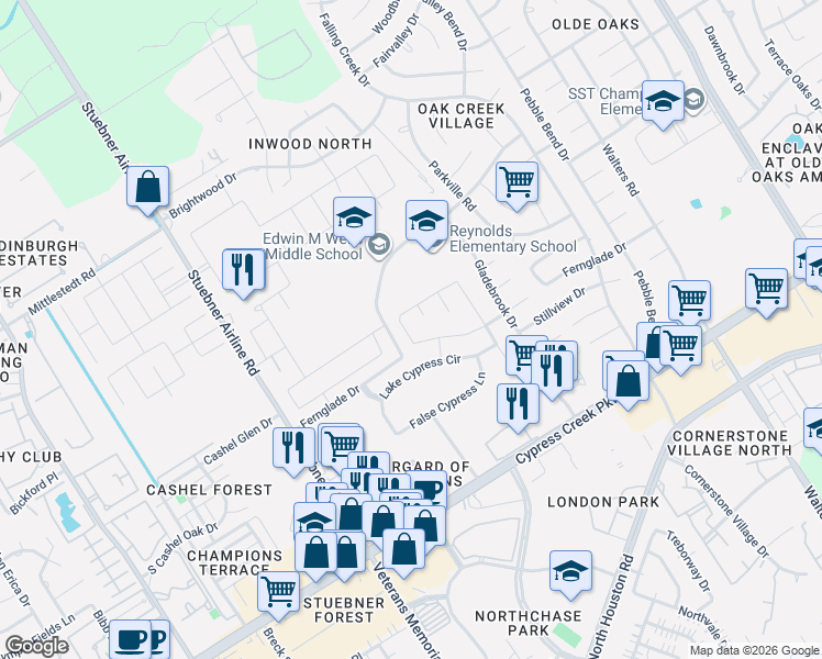 map of restaurants, bars, coffee shops, grocery stores, and more near 14331 Cypress Cascade Lane in Houston