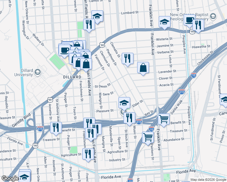 map of restaurants, bars, coffee shops, grocery stores, and more near 3702 Fairmont Dr in New Orleans
