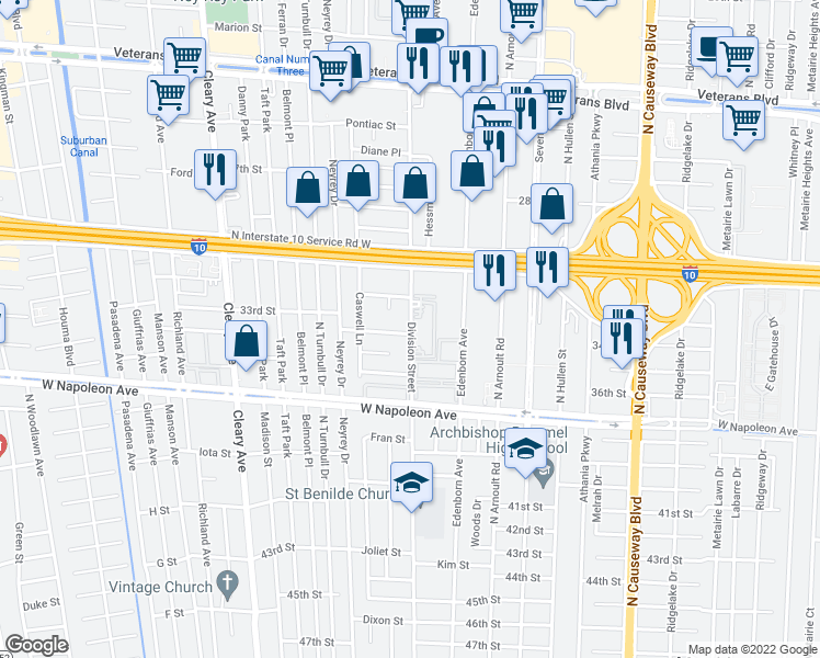 map of restaurants, bars, coffee shops, grocery stores, and more near 3709 Alton Street in Metairie