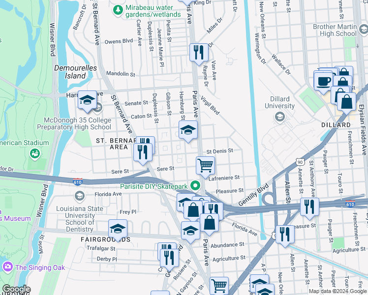 map of restaurants, bars, coffee shops, grocery stores, and more near 3736 Hamburg Street in New Orleans