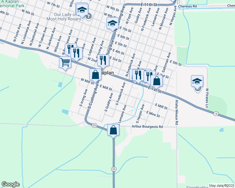 map of restaurants, bars, coffee shops, grocery stores, and more near 301 South Frederick Avenue in Kaplan