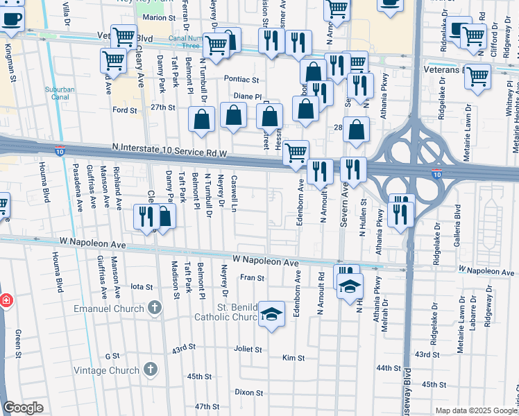 map of restaurants, bars, coffee shops, grocery stores, and more near 3711 Alton Street in Metairie