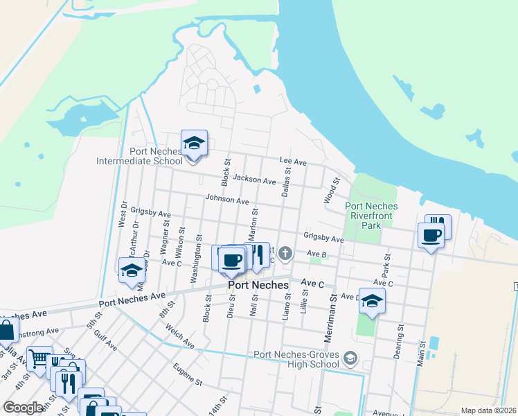 map of restaurants, bars, coffee shops, grocery stores, and more near 901 Marion St in Port Neches