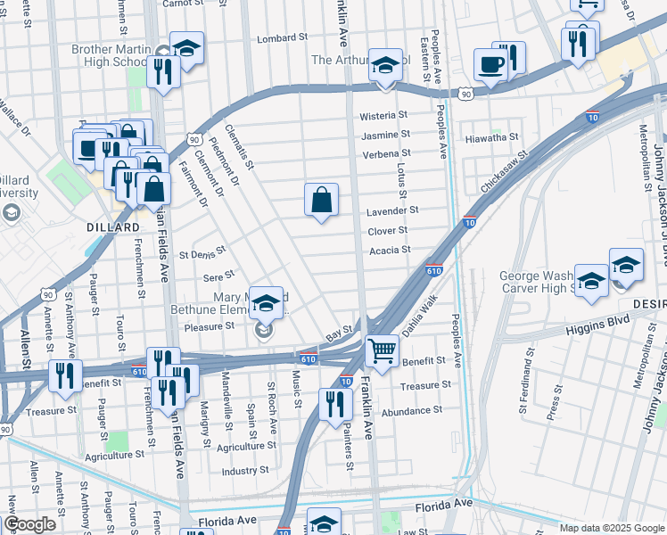 map of restaurants, bars, coffee shops, grocery stores, and more near 2529 Myrtle St in New Orleans