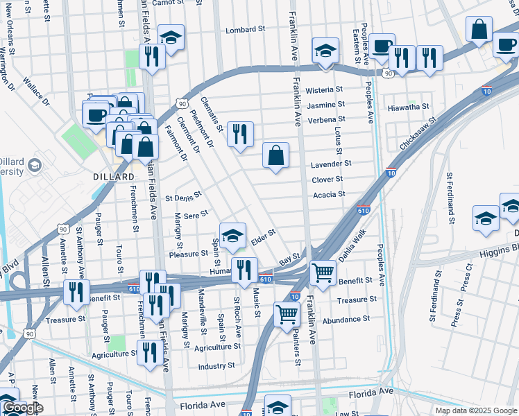 map of restaurants, bars, coffee shops, grocery stores, and more near 3618 Clematis Street in New Orleans