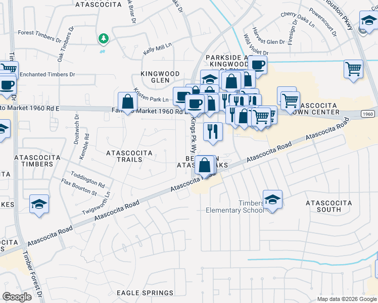 map of restaurants, bars, coffee shops, grocery stores, and more near 19018 Keyturn Lane in Humble