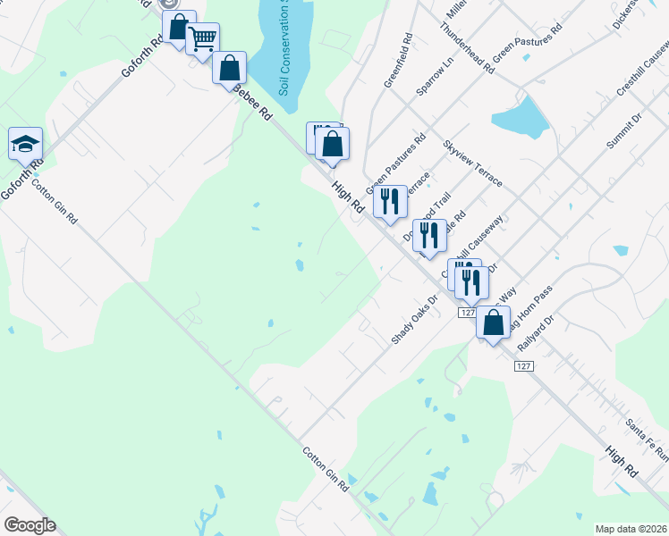 map of restaurants, bars, coffee shops, grocery stores, and more near 300 High Road in Kyle