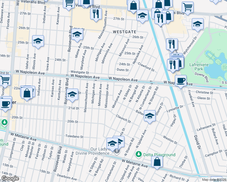 map of restaurants, bars, coffee shops, grocery stores, and more near 1717 Missouri Avenue in Kenner