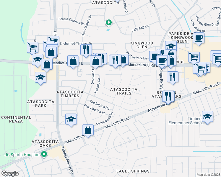 map of restaurants, bars, coffee shops, grocery stores, and more near 5819 Skewen Street in Humble