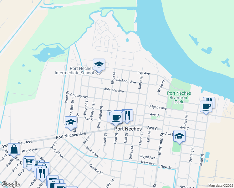 map of restaurants, bars, coffee shops, grocery stores, and more near 910 Montgomery St in Port Neches