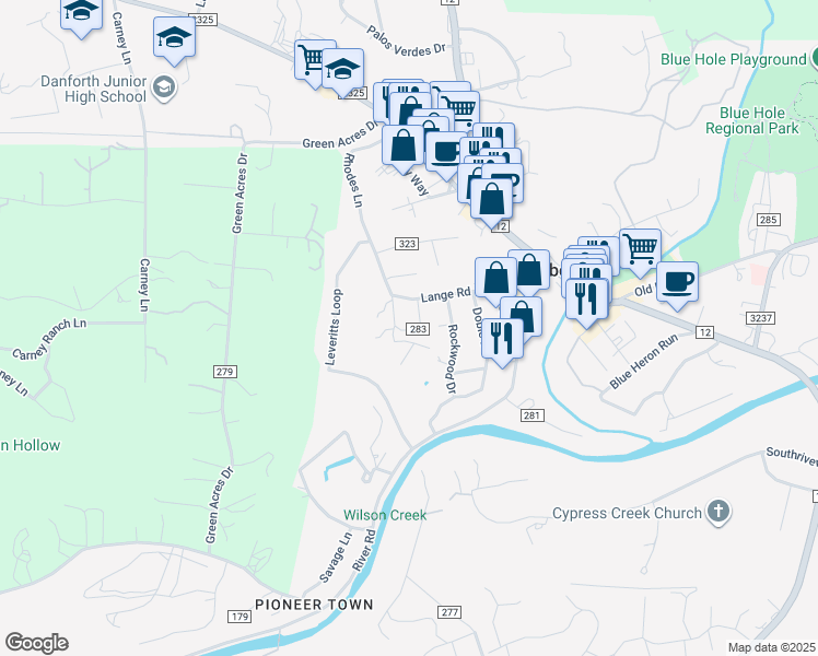 map of restaurants, bars, coffee shops, grocery stores, and more near 200 Twin Mountain in Wimberley