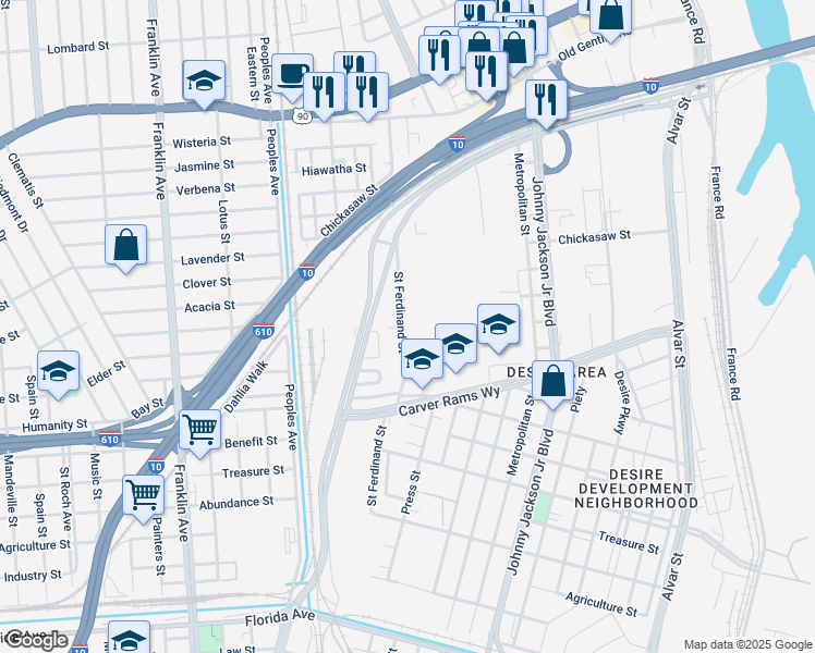 map of restaurants, bars, coffee shops, grocery stores, and more near 3533 Saint Ferdinand Street in New Orleans