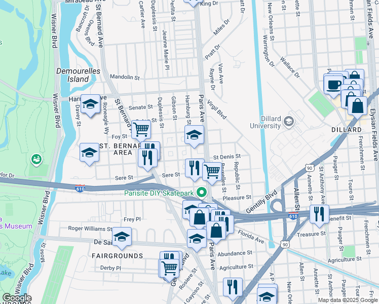 map of restaurants, bars, coffee shops, grocery stores, and more near 3750 Hamburg Street in New Orleans