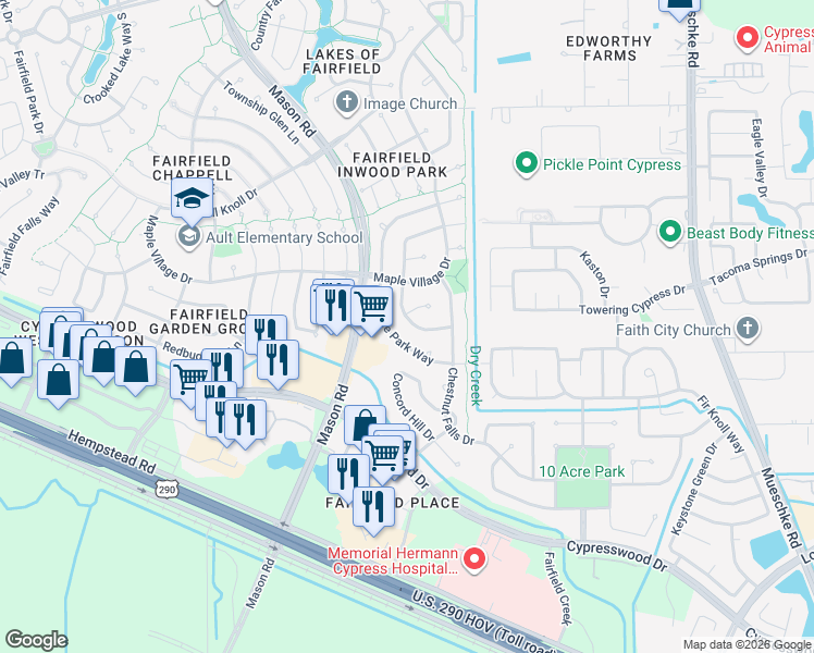 map of restaurants, bars, coffee shops, grocery stores, and more near 15231 Maple Meadows Drive in Cypress