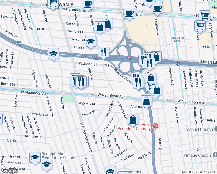 map of restaurants, bars, coffee shops, grocery stores, and more near 4805 Zenith Street in Metairie
