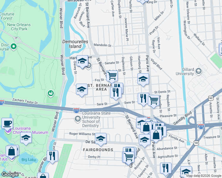 map of restaurants, bars, coffee shops, grocery stores, and more near 3740 Saint Bernard Avenue in New Orleans