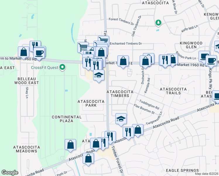 map of restaurants, bars, coffee shops, grocery stores, and more near 5402 Woodmancote Drive in Humble