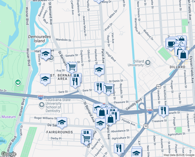 map of restaurants, bars, coffee shops, grocery stores, and more near 3752 Hamburg Street in New Orleans