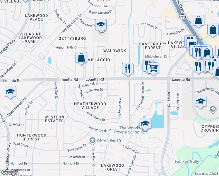 map of restaurants, bars, coffee shops, grocery stores, and more near 11718 Stillwater Drive in Houston