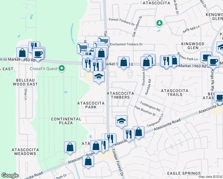 map of restaurants, bars, coffee shops, grocery stores, and more near 5406 Woodmancote Drive in Humble