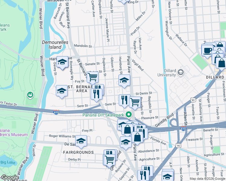 map of restaurants, bars, coffee shops, grocery stores, and more near 3736 Gibson Street in New Orleans