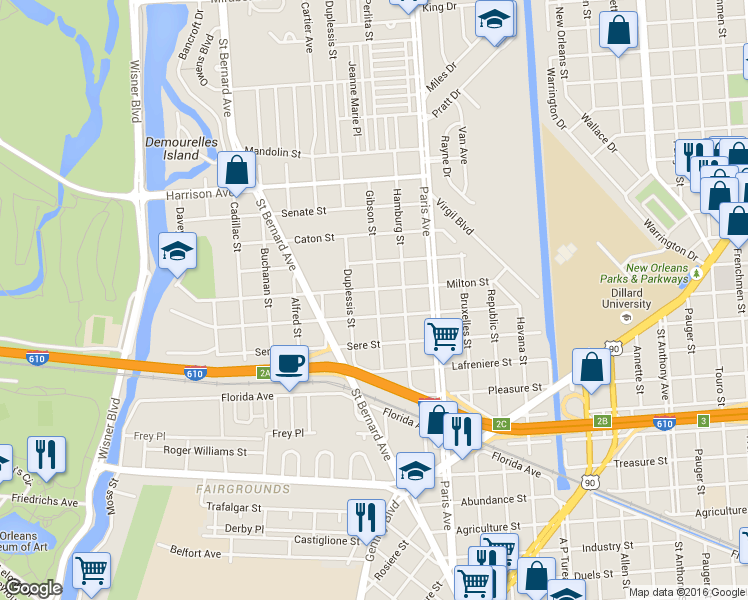 map of restaurants, bars, coffee shops, grocery stores, and more near 3736 Gibson Street in New Orleans