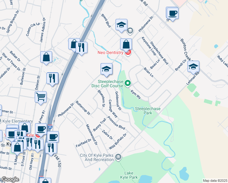 map of restaurants, bars, coffee shops, grocery stores, and more near 570 Goldenrod Street in Kyle