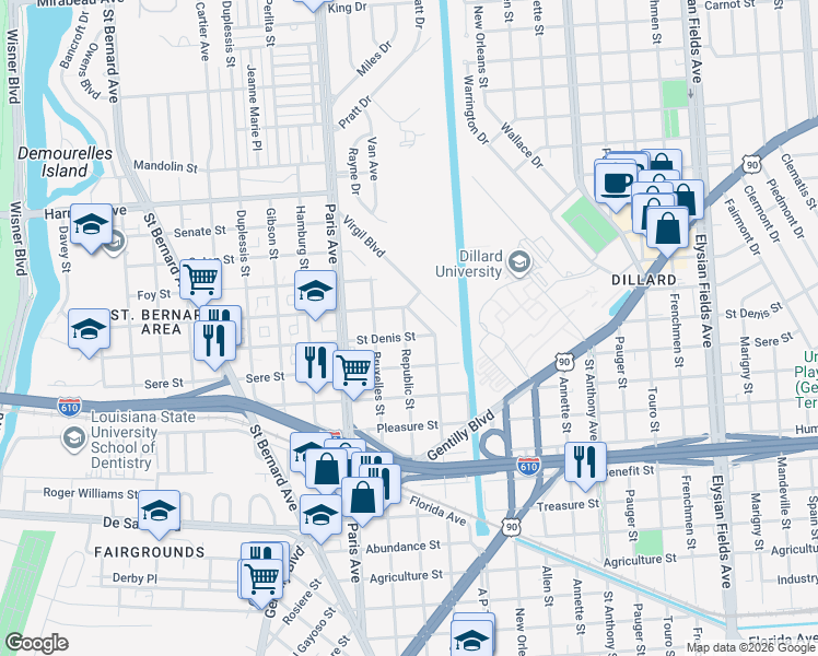 map of restaurants, bars, coffee shops, grocery stores, and more near 3816 Havana Place in New Orleans