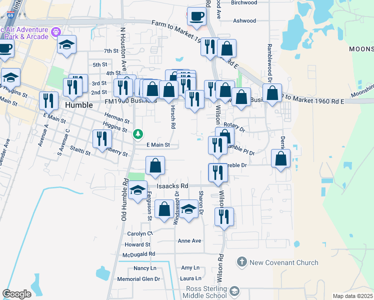 map of restaurants, bars, coffee shops, grocery stores, and more near 194 Davis Street in Humble