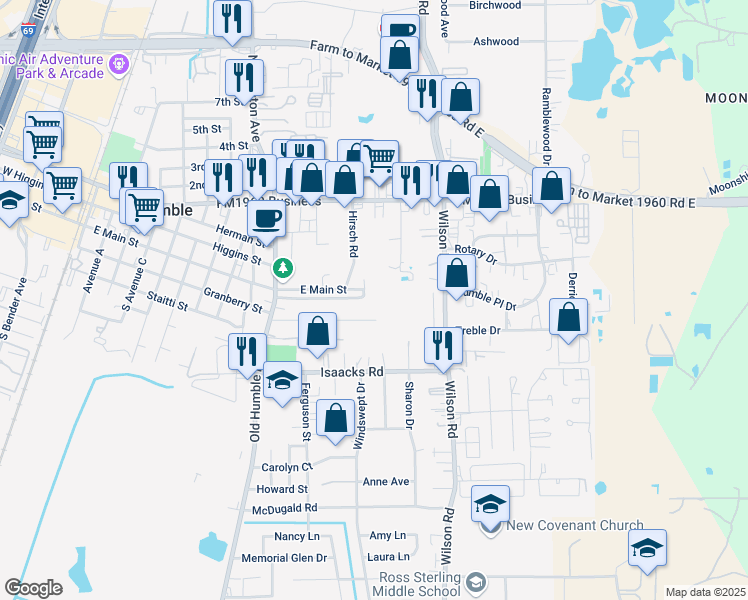 map of restaurants, bars, coffee shops, grocery stores, and more near 194 Davis Street in Humble