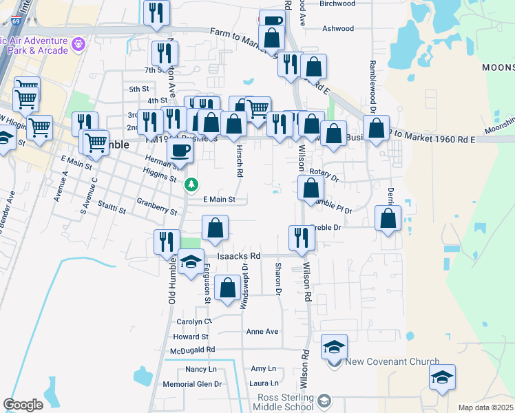 map of restaurants, bars, coffee shops, grocery stores, and more near 194 Davis Street in Humble