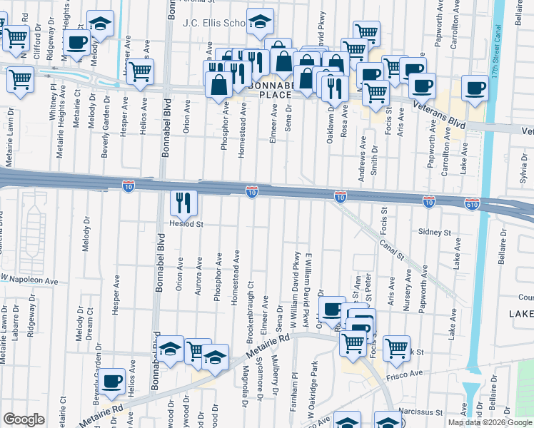 map of restaurants, bars, coffee shops, grocery stores, and more near 420 Elmeer Avenue in Metairie