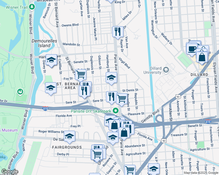 map of restaurants, bars, coffee shops, grocery stores, and more near 3754 Hamburg Street in New Orleans