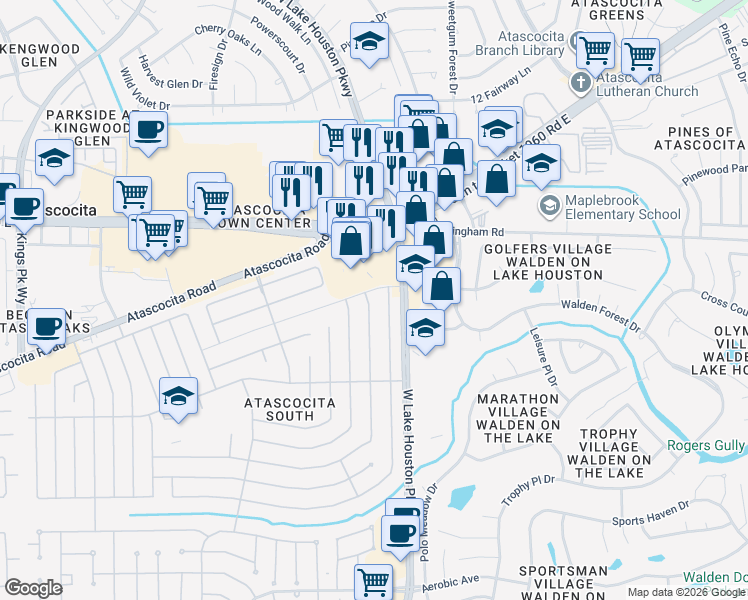 map of restaurants, bars, coffee shops, grocery stores, and more near 19030 Jodywood Drive in Humble