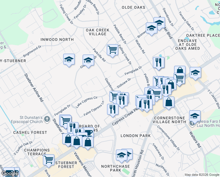 map of restaurants, bars, coffee shops, grocery stores, and more near 14807 Gladebrook Drive in Houston