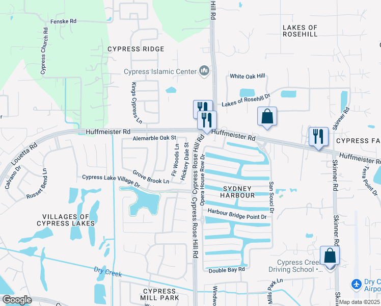 map of restaurants, bars, coffee shops, grocery stores, and more near 15434 Hickory Dale Street in Cypress