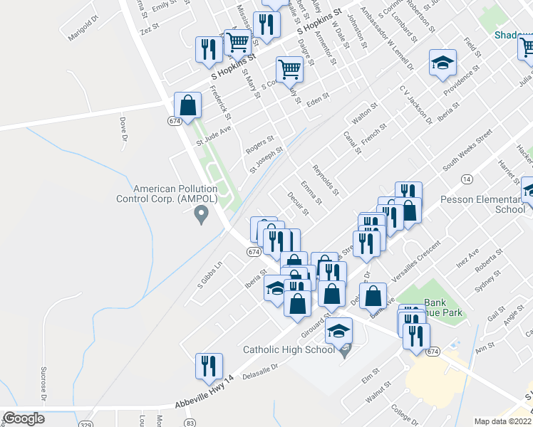 map of restaurants, bars, coffee shops, grocery stores, and more near 308 Desire Street in New Iberia