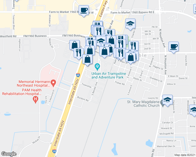 map of restaurants, bars, coffee shops, grocery stores, and more near 512 South Bender Avenue in Humble