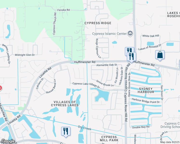 map of restaurants, bars, coffee shops, grocery stores, and more near 15411 Edison Light Trail in Cypress
