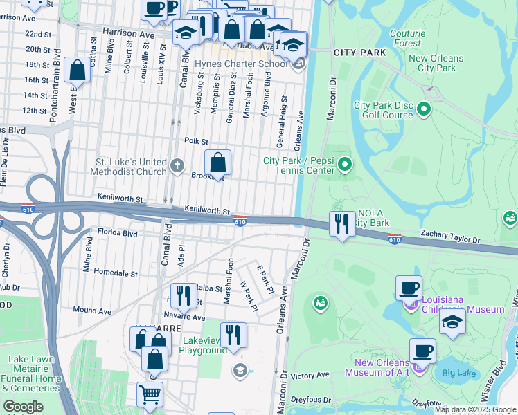 map of restaurants, bars, coffee shops, grocery stores, and more near 5819 Argonne Boulevard in New Orleans