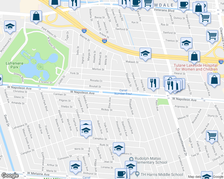 map of restaurants, bars, coffee shops, grocery stores, and more near 2201 Elise Avenue in Metairie